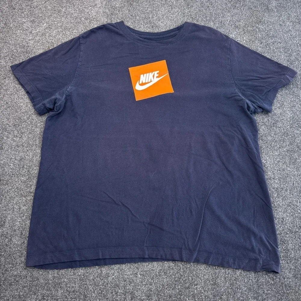 Nike Tee Shirt Mens Size XL Navy Blue‎ Orange Box Logo Crew Neck Swoosh
